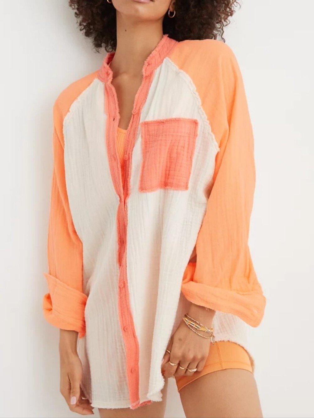 Aerie Womens Peach & Cream Gauze Button-Up Swim Beach Cover Up Shirt Size Medium